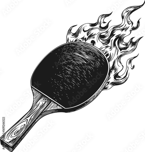 Paddle vector sketch hand drawn line art on icon, ping pong paddle with flames — stock vector