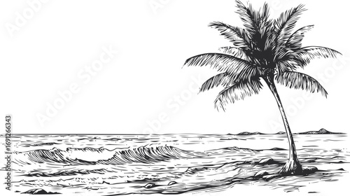Beach vector sketch hand drawn line art in beach, palm tree on tropical beach — stock vector