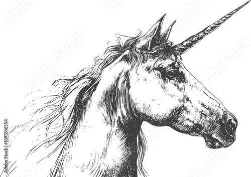 Unicorn vector sketch hand drawn line art on icon, unicorn head in vintage engraving style — stock vector