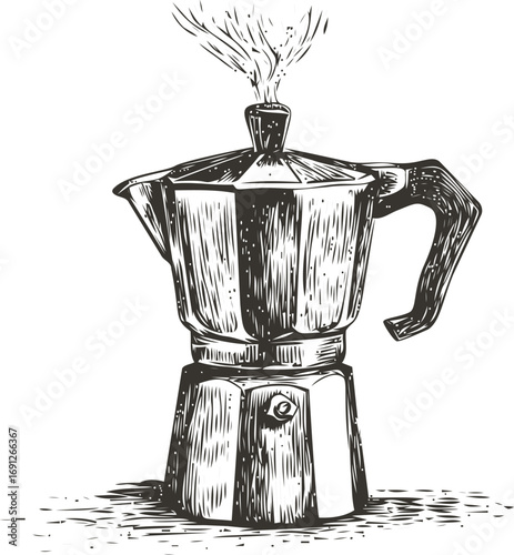 Coffee vector sketch hand drawn line art in outline, moka pot vintage with steam, black — stock vector