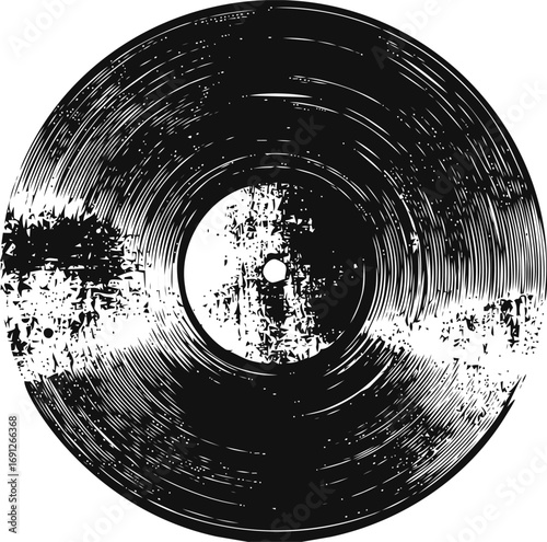Grunge vector hand drawn line art on icon, grunge vinyl record in black — stock vector