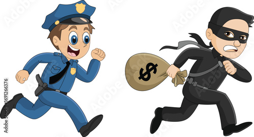 Cartoon, police, thief, chase, crime, arrest, running, dollar, sack, mask, funny, vector, law, justice, character, uniform, escape, criminal, officer, robbery