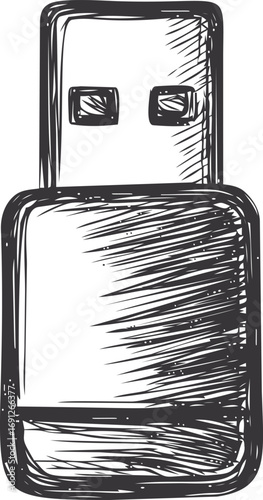 Usb vector sketch hand drawn line art on icon, usb flash drive in vintage engraving — stock vector