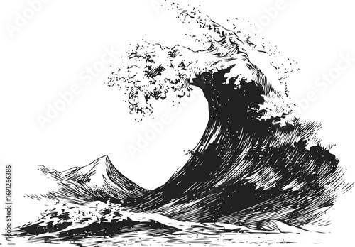 Ocean vector hand drawn line art in nature, japanese wave in vintage engraving style — stock vector