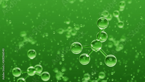 Quadro su tela Green molecules floating in liquid creating an abstract scientific background, p