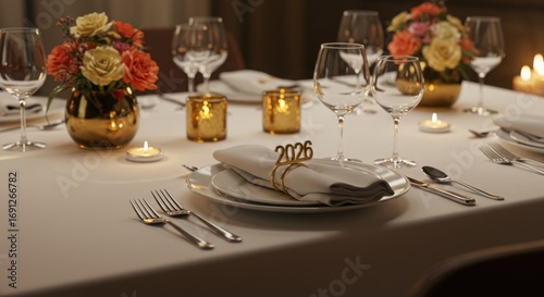Elegant dinner table set for celebration with flowers and candles for New Year 2026  