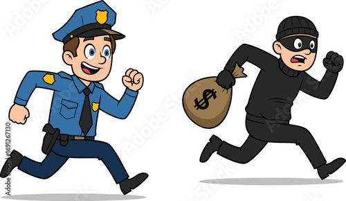Police officer chasing thief cartoon, crime prevention illustration, law enforcement pursuit, robbery escape scene, children education, justice concept artwork