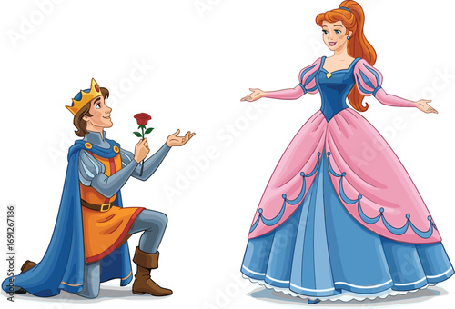 Romantic prince proposing to princess, fairy tale couple illustration, cartoon style, fantasy love scene, royal characters, children story concept