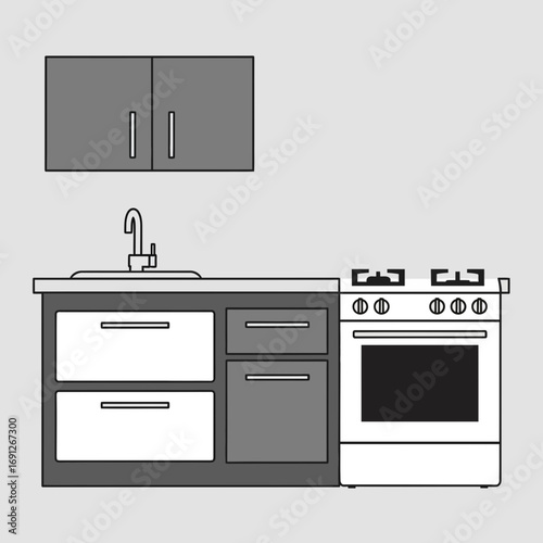 Simple kitchen counter with sink stove and cabinets illustration.