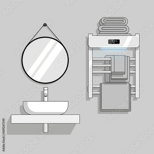 Bathroom sink mirror and storage unit against a gray wall.