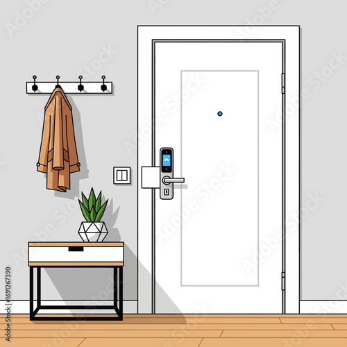 White door with coat rack and small table in hallway.
