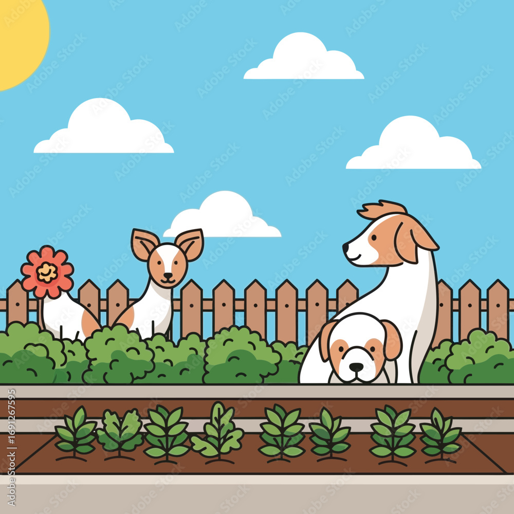 Fototapeta premium Dogs in a backyard with plants and a fence under a sunny sky.