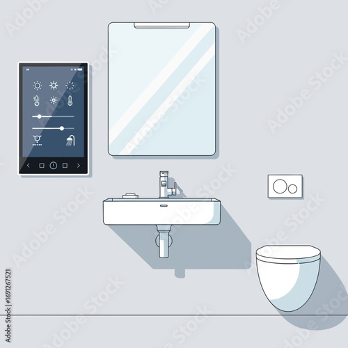 Modern bathroom with sink mirror toilet and smart control panel.