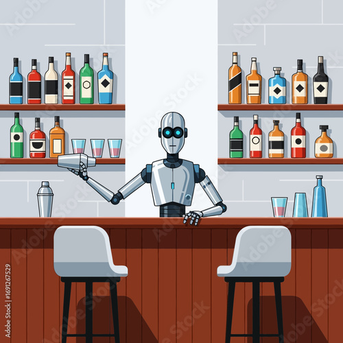 Robot bartender serving drinks at a bar with shelves of bottles.