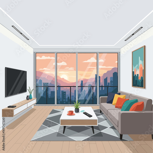 Modern living room with cityscape view at sunset.