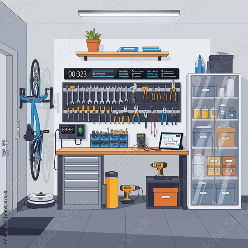 Garage workshop with bicycle tools and storage shelves.