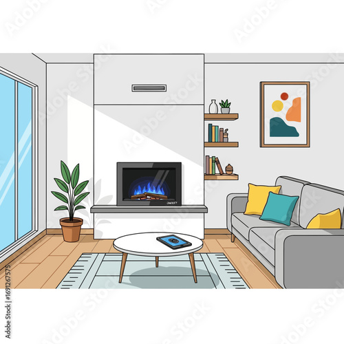 Cozy living room with fireplace sofa and artwork.