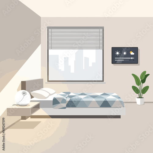Bright bedroom with bed window and plant.
