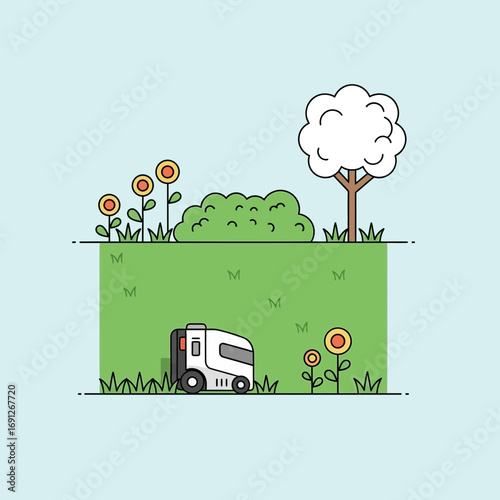 Robotic lawnmower working in a cutaway garden with flowers and trees.