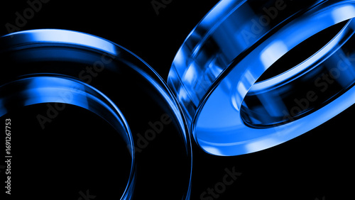 Shiny blue metallic rings rotating and intersecting against a black background, creating an abstract and visually appealing design with a sense of motion and depth