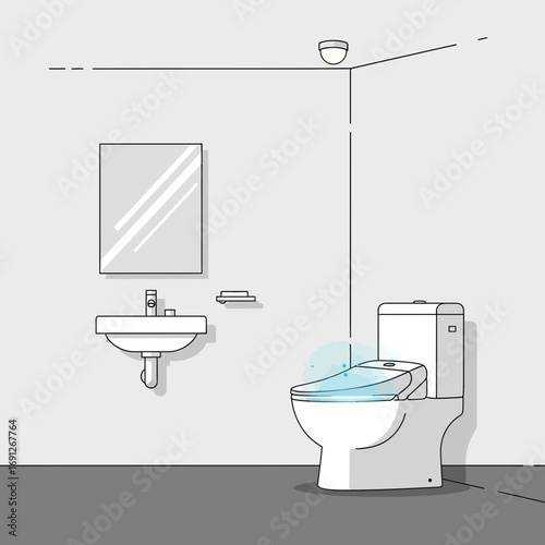 Bathroom interior with toilet sink and mirror in simple line drawing.