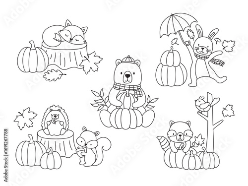 Fall woodland animals outline vector illustration set features black and white line art of a bear, fox, squirrel, rabbit, raccoon, bird, and hedgehog in an autumn forest scene with pumpkins.
