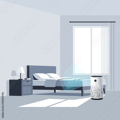 Bedroom with an air purifier near a window and bed.