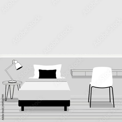 Minimalist bedroom with bed, chair, and lamp.
