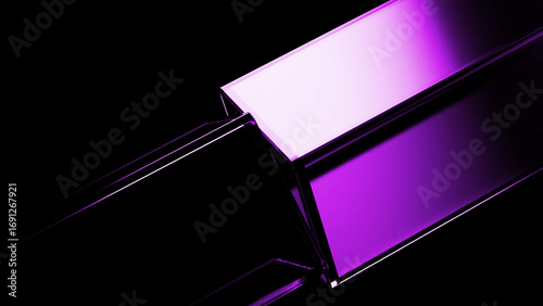 Purple glass surfaces intersect dynamically against a black background, creating a vibrant and modern abstract composition with a focus on geometric shapes and light reflections