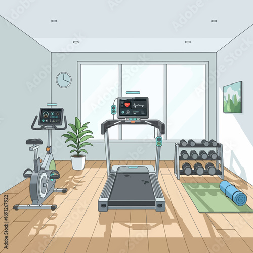 Home gym with exercise equipment and weights.