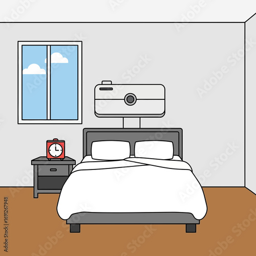 Bedroom with bed window nightstand and air conditioner.