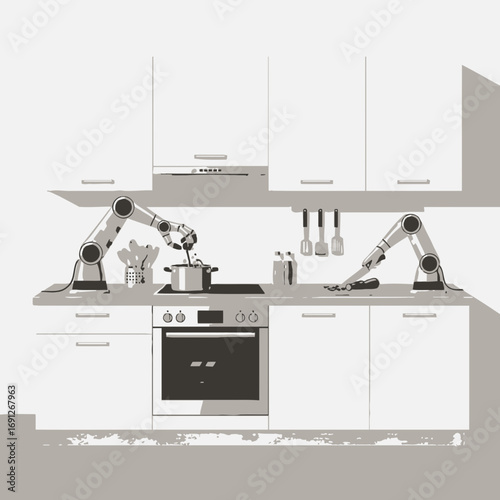 Robotic arms cook food in a modern kitchen setting.
