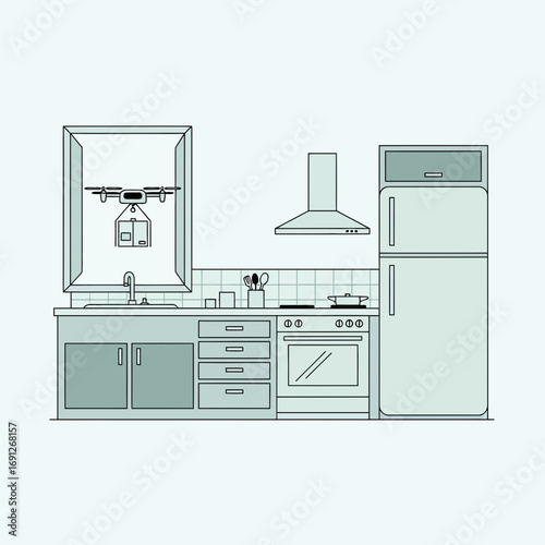Kitchen interior with appliances and cabinets in a minimalist style.