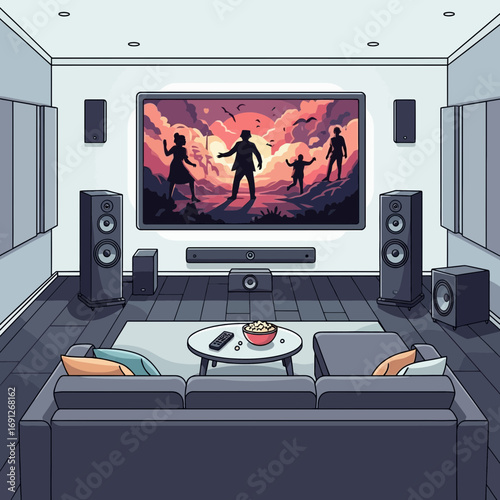 Home theater with large screen and comfortable seating.