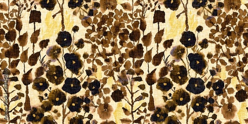 Stylised autumn winter brown floral watercolor seamless border pattern. Rustic cottage style mottled banner trim blur effect fabric texture design. For fall botanical wash tape