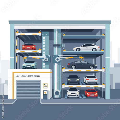 Automated multi-level parking garage with cars on platforms.