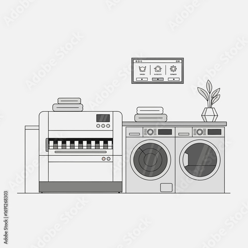 Laundry room with appliances and a framed picture.