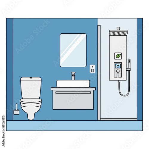 Modern bathroom interior with toilet sink and shower.
