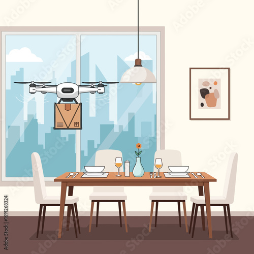 Drone delivering package inside a dining room with city view.