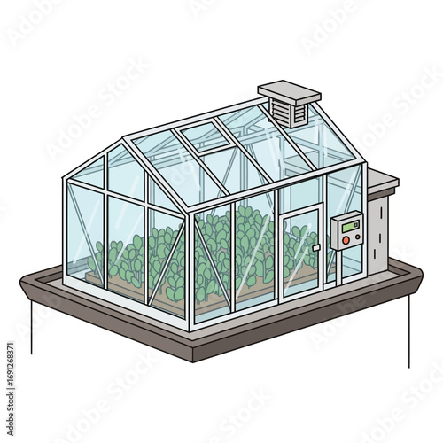 Greenhouse structure with plants growing inside on a raised platform.