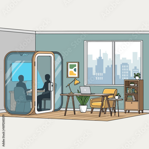 Two people work inside a modern office pod with a city view.