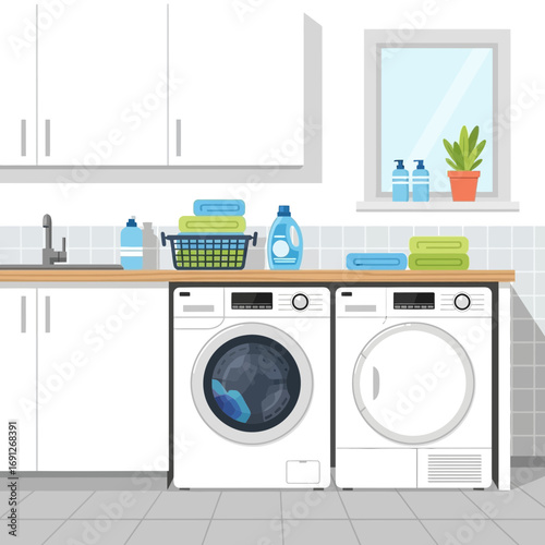 Laundry room with washing machine dryer and supplies.