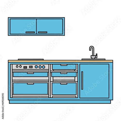 Blue kitchen cabinets and counter with sink and stove.