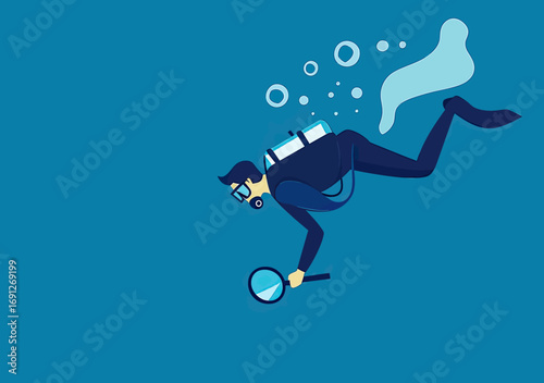 Businessman scuba diver with magnifying glass exploring underwater deep ocean in flat minimalist vector style concept of research analysis discovery investigation and strategy