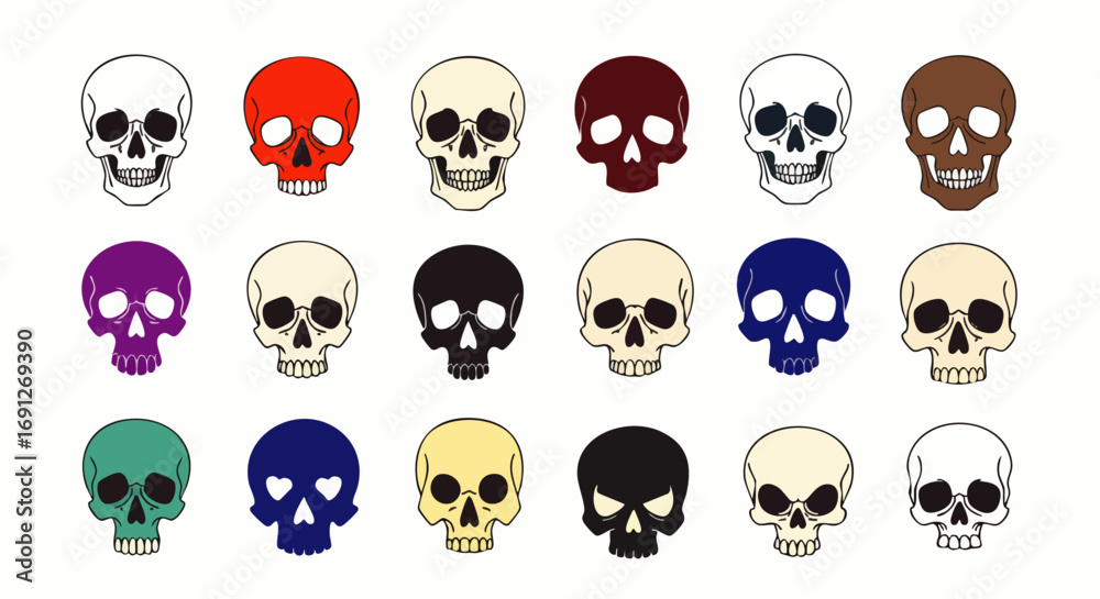 Obraz premium A vibrant collection of stylized human skull illustrations in various colors, arranged neatly on a clean white background, perfect for diverse design projects.