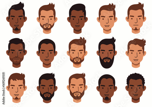 A diverse collection of illustrated male avatar faces showcasing various ethnicities, hairstyles, and facial hair, perfect for modern digital design projects.