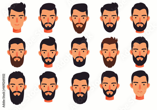 A modern compilation of fifteen unique male cartoon faces, each displaying a different beard style and contemporary hairstyle, ideal for diverse grooming illustrations.