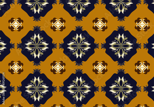 A seamless pattern featuring ornate floral and geometric motifs in a sophisticated color palette of mustard yellow, dark blue, and cream, perfect for textile design.