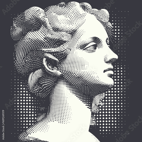 Halftone vector illustration of classical ancient female sculpture bust profile with dotted vintage texture for retro collage design and art decoration