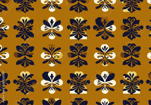 An elegant seamless pattern displays intricate damask-style floral motifs in deep blue and light cream, set against a warm golden-brown backdrop.